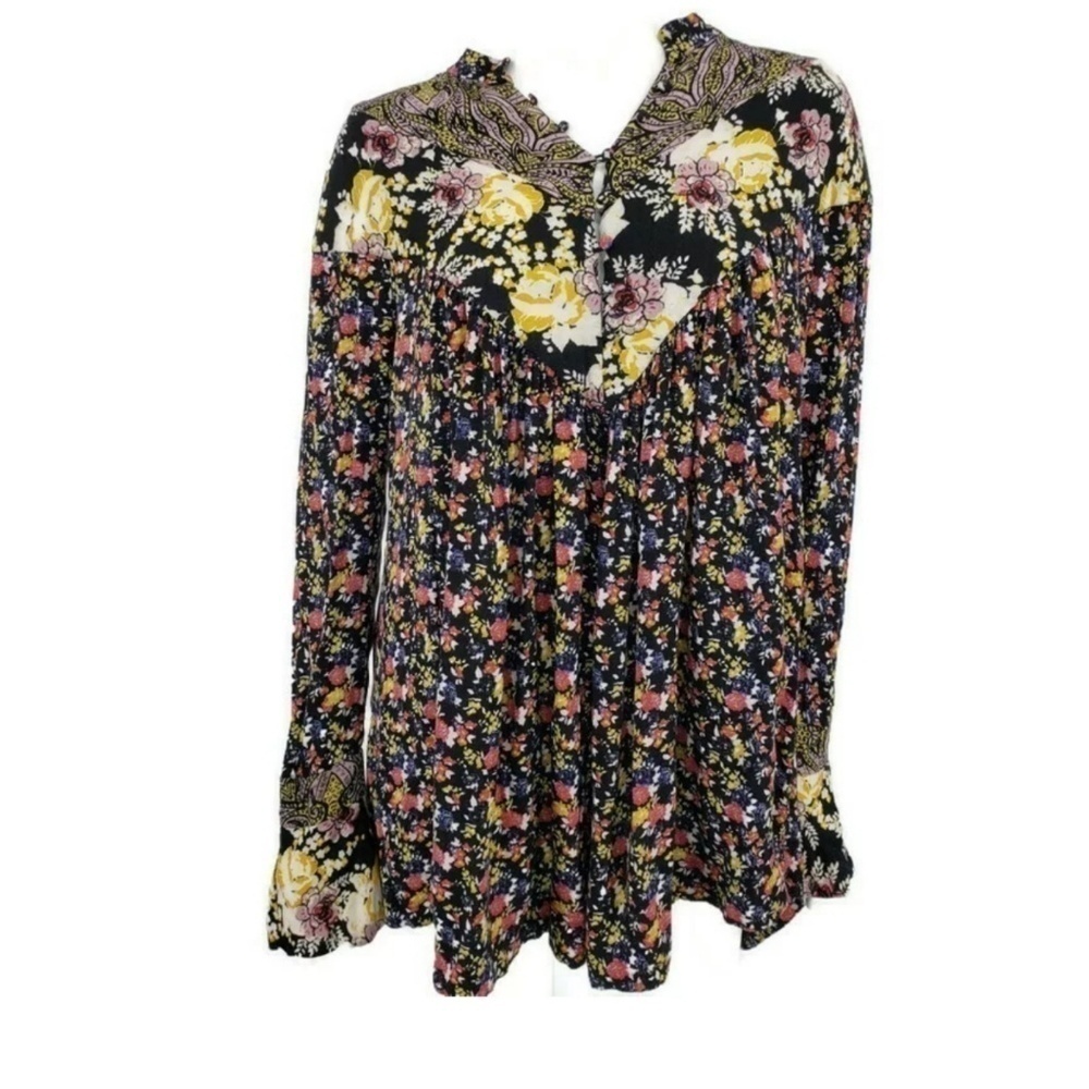 Free People Mini Dress Floral Rayon Bell Sleeves